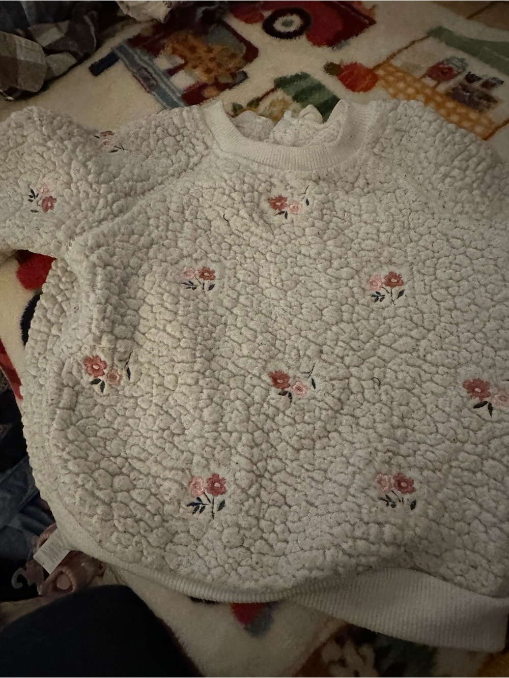 BearPaw Cream Sherpa Pullover with Pink Floral Embroidery